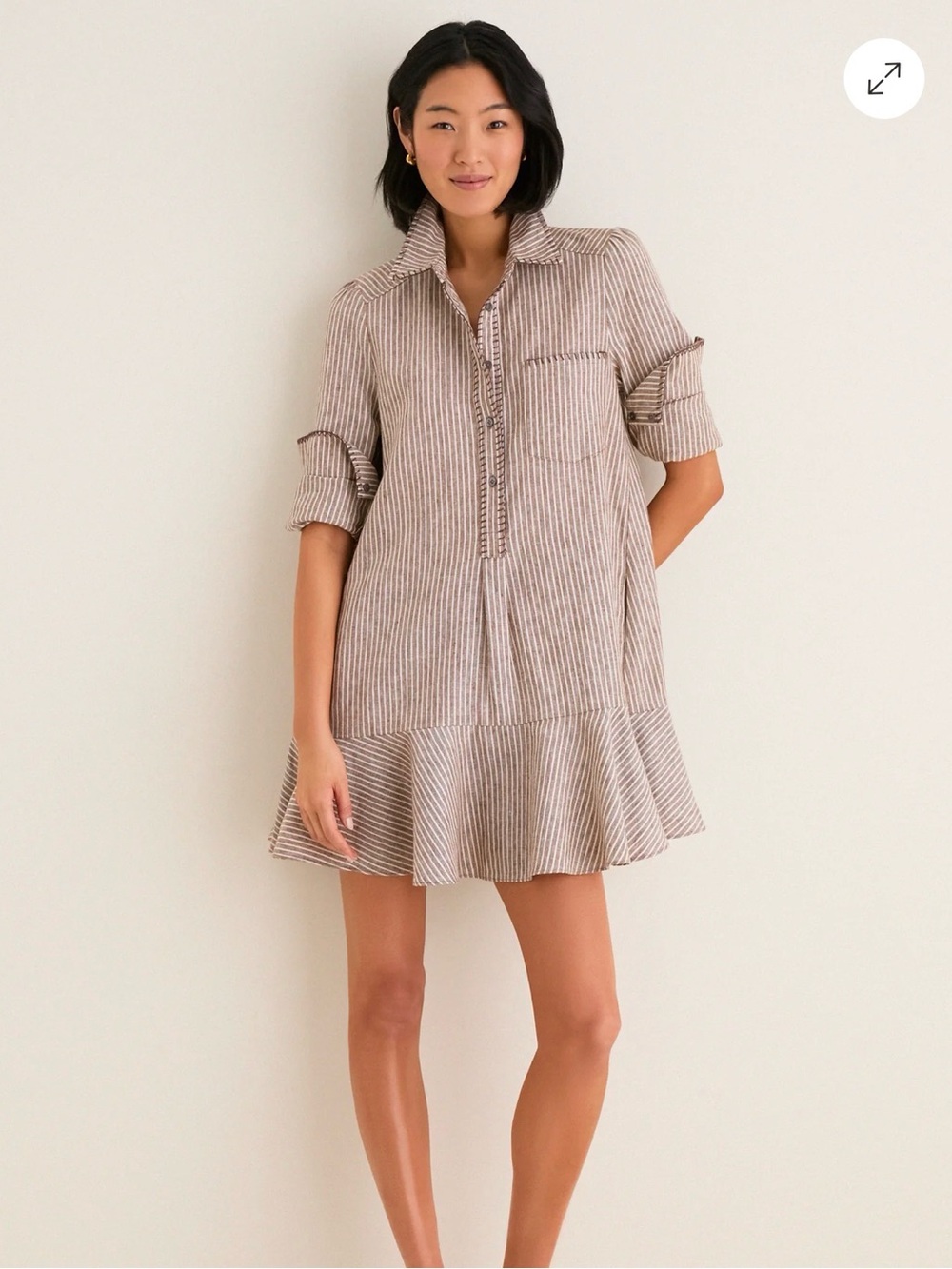 Tuckernuck Striped Ruffle-Hem Shirt Dress in Taupe and White